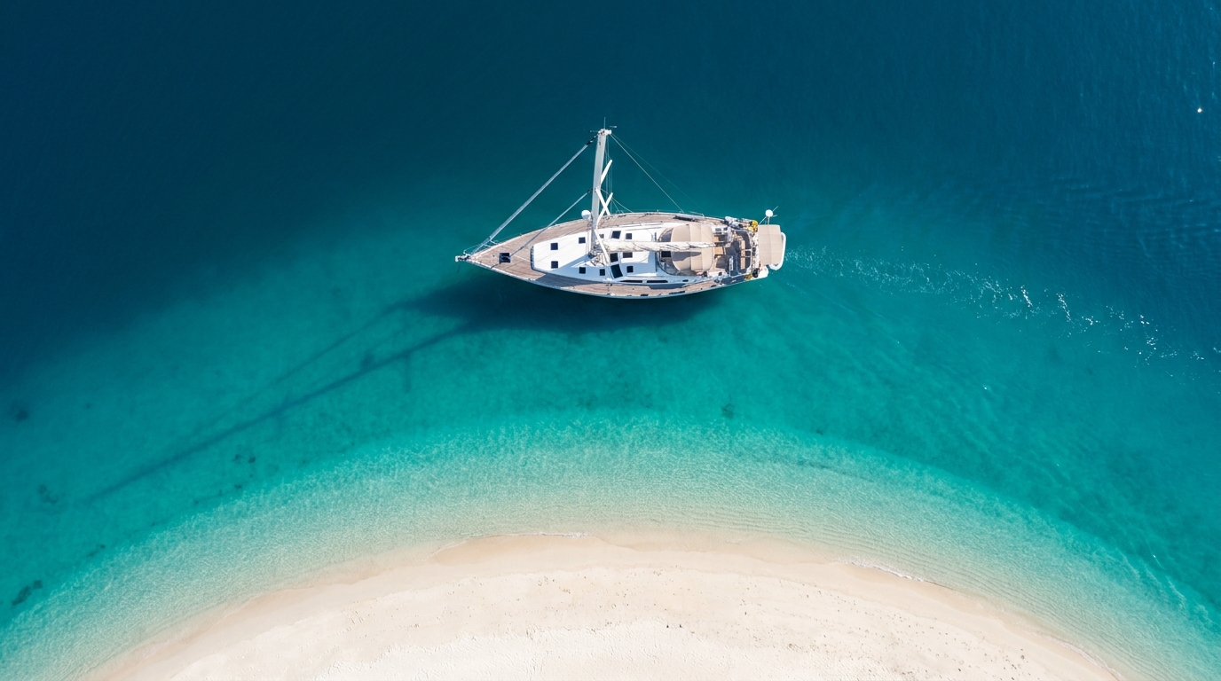 Illustrative yacht at anchor in turquoise water