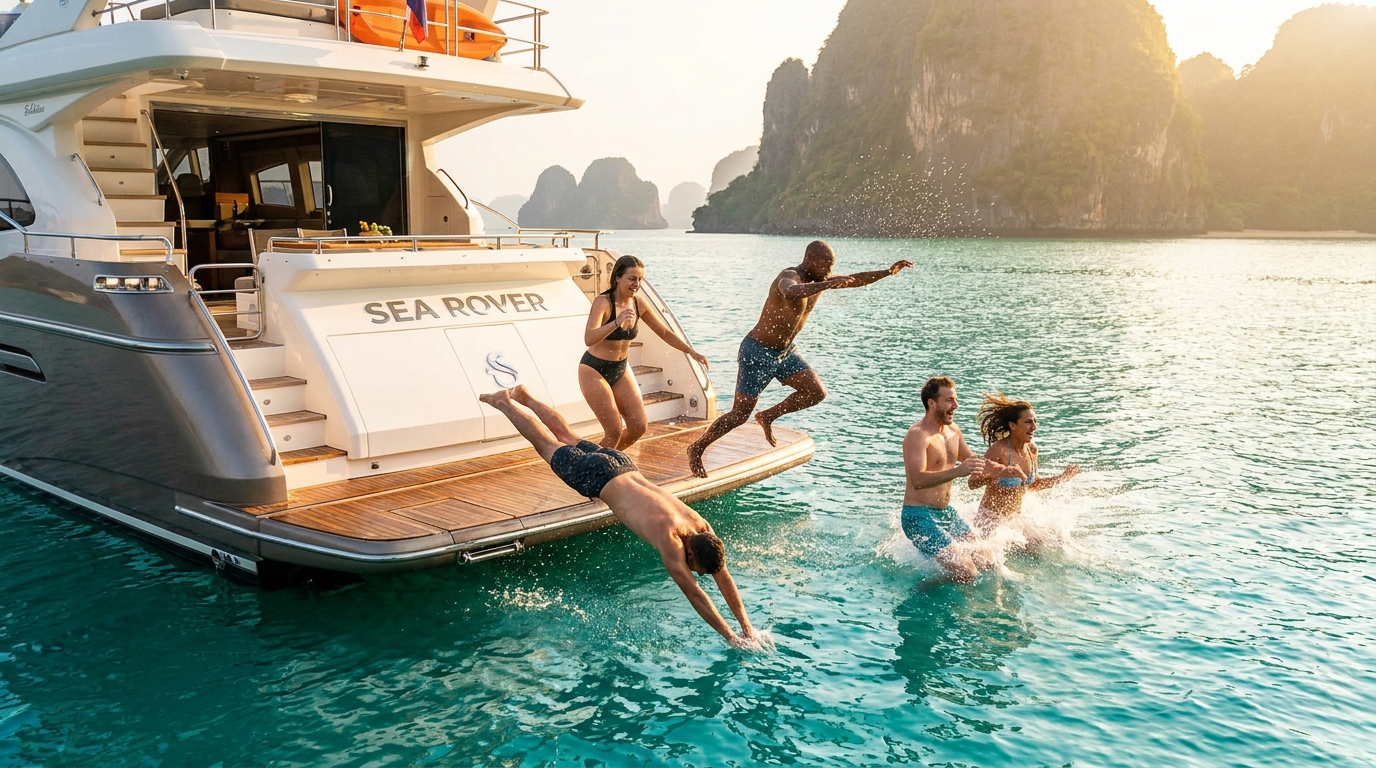 Illustrative guests swimming from a yacht
