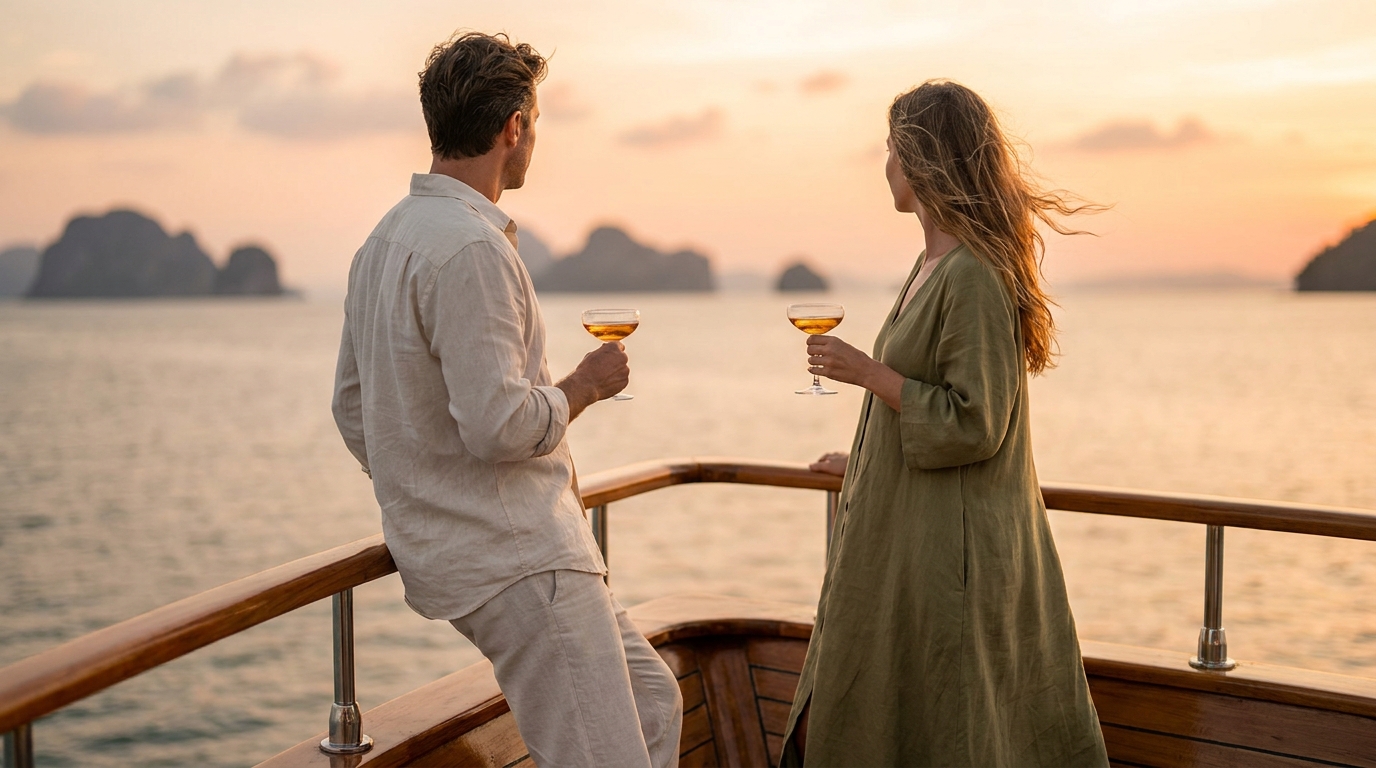 Illustrative couple enjoying the sunset aboard